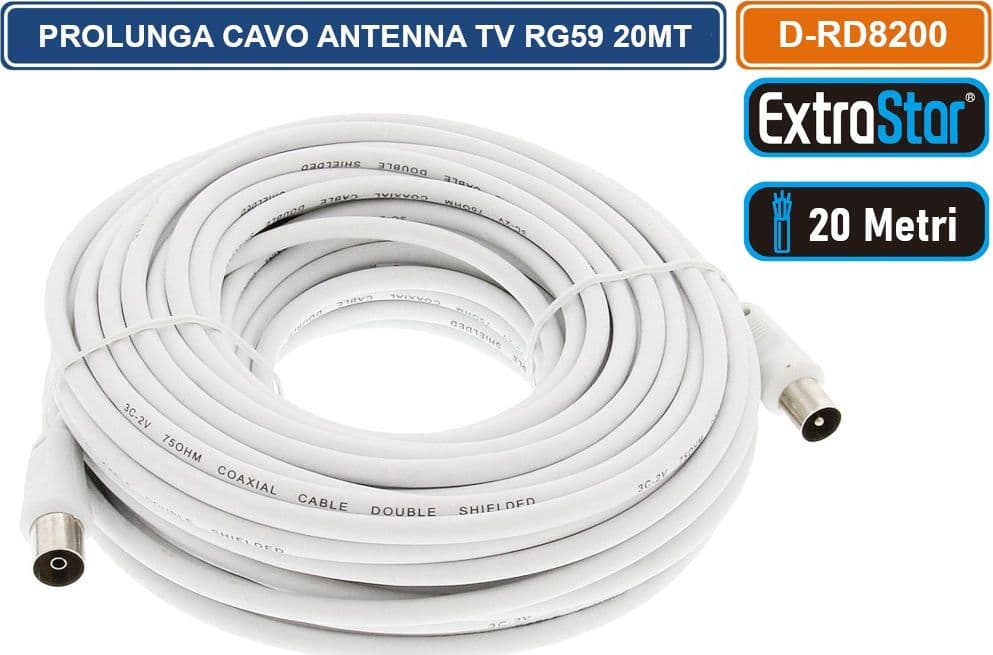 CAVO PROLUNGA ANTENNA TERRESTRE COASSIALE RG59 20 METRI MASCHIO FEMMINA - 2