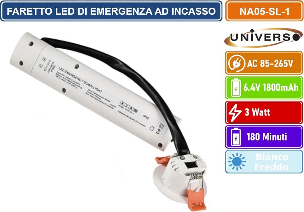 FARETTO LED DI EMERGENZA ANTI BLACK-OUT CON MONTAGGIO AD INCASSO 3 WATT DURATA 3 ORE - BIANCO FREDDO - 2