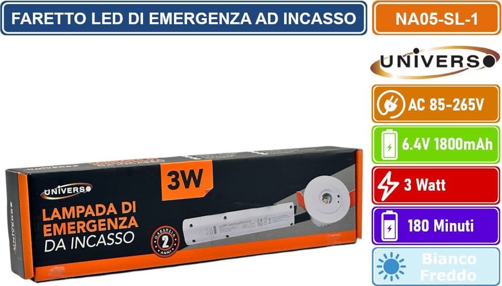 FARETTO LED DI EMERGENZA ANTI BLACK-OUT CON MONTAGGIO AD INCASSO 3 WATT DURATA 3 ORE - BIANCO FREDDO - 3