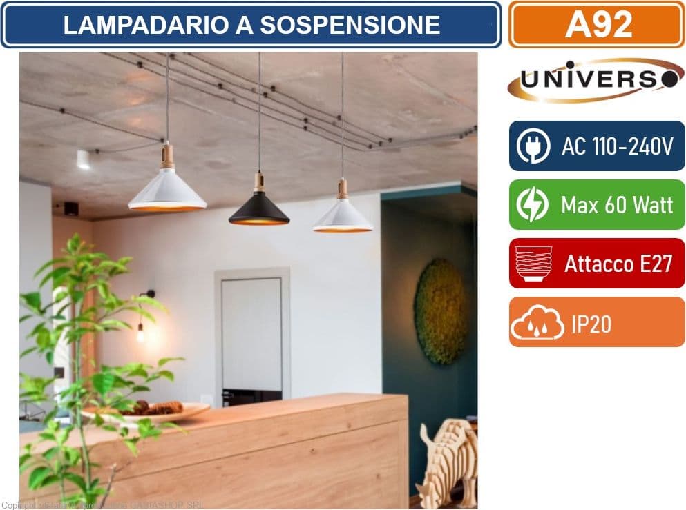 UNIVERSO A92 LAMPADARIO IN METALLO A CAMPANA CON PORTALAMPADA PER LAMPADINE E27 BIANCO - NERO - 2
