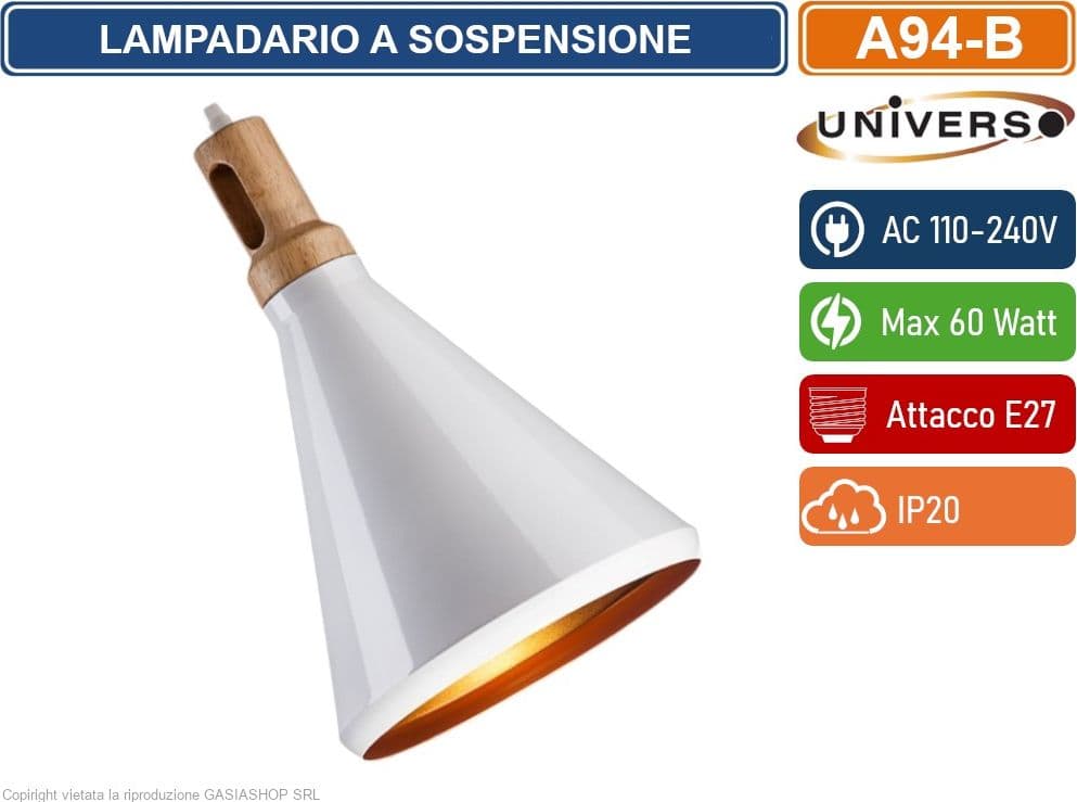 UNIVERSO A94 LAMPADARIO IN METALLO A CAMPANA CON PORTALAMPADA PER LAMPADINE E27 BIANCO - NERO - 3