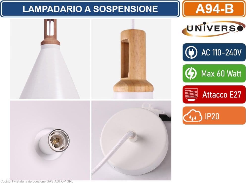 UNIVERSO A94 LAMPADARIO IN METALLO A CAMPANA CON PORTALAMPADA PER LAMPADINE E27 BIANCO - NERO - 4