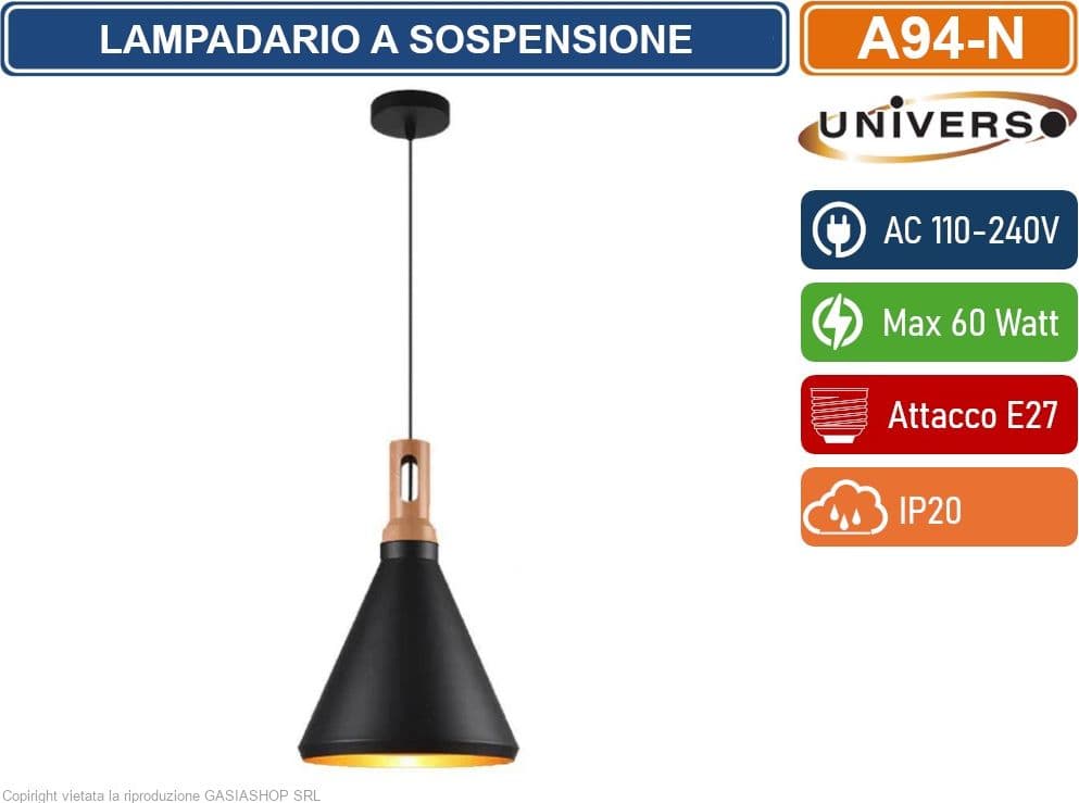 UNIVERSO A94 LAMPADARIO IN METALLO A CAMPANA CON PORTALAMPADA PER LAMPADINE E27 BIANCO - NERO - 5