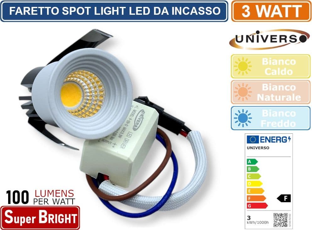 FARO FARETTO LED PUNTO LUCE SPOT LIGHT ROTONDO COLORE BIANCO DA INCASSO 3W 3000K 4000K 6500K IP20 - 2