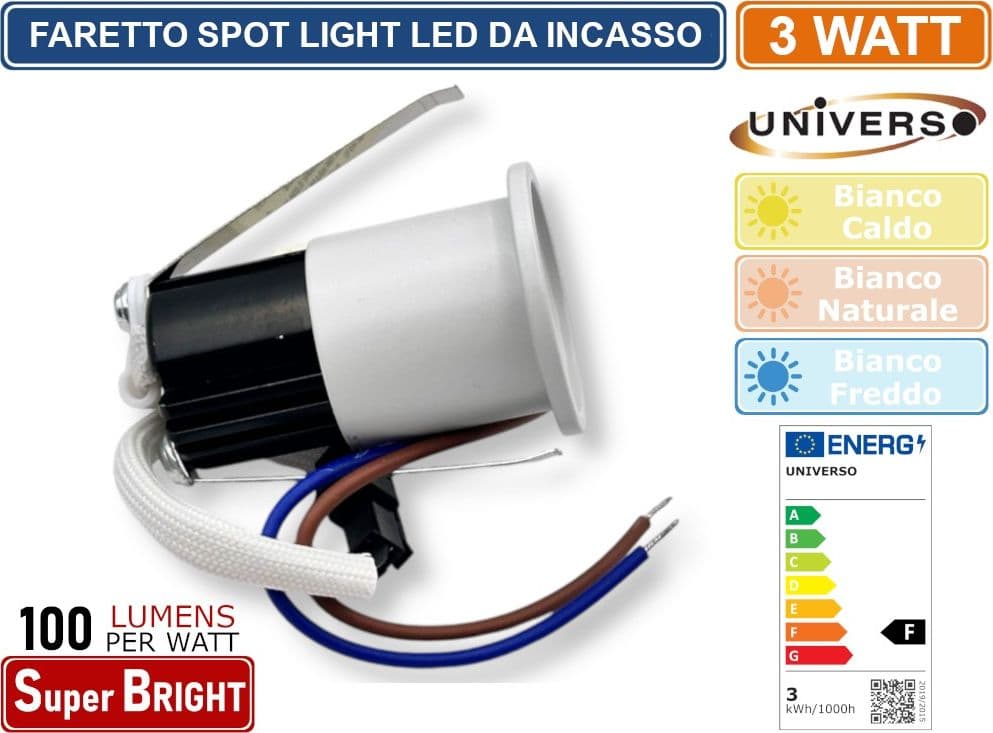 FARO FARETTO LED PUNTO LUCE SPOT LIGHT ROTONDO COLORE BIANCO DA INCASSO 3W 3000K 4000K 6500K IP20 - 3