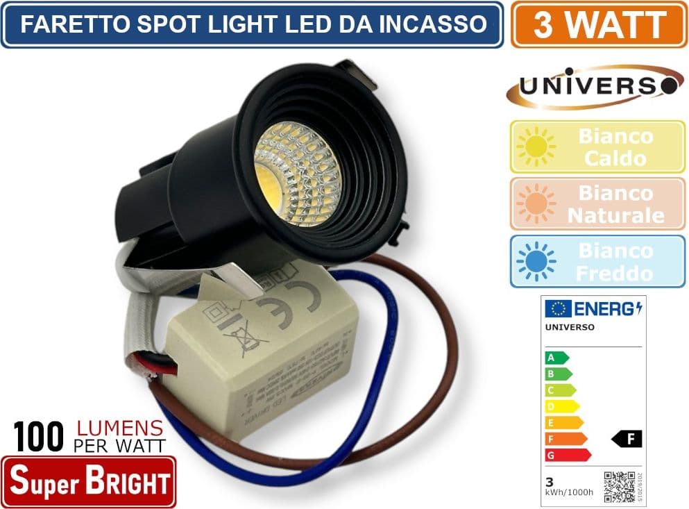 FARO FARETTO LED PUNTO LUCE SPOT LIGHT ROTONDO COLORE NERO DA INCASSO 3W 3000K 4000K 6500K IP20 - 2