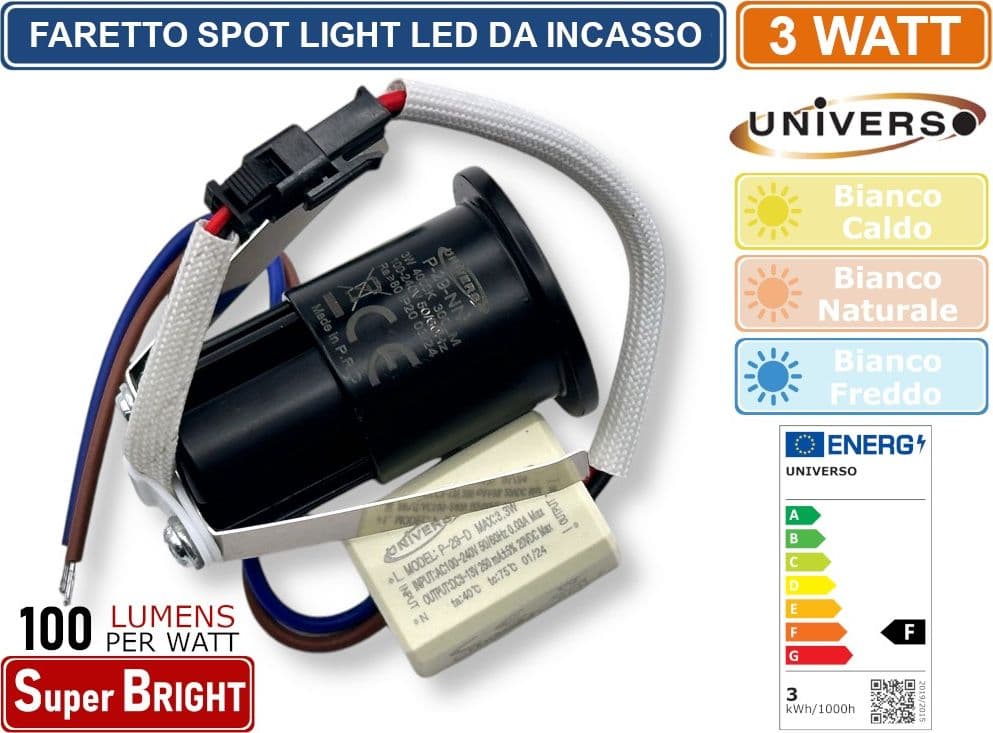 FARO FARETTO LED PUNTO LUCE SPOT LIGHT ROTONDO COLORE NERO DA INCASSO 3W 3000K 4000K 6500K IP20 - 3
