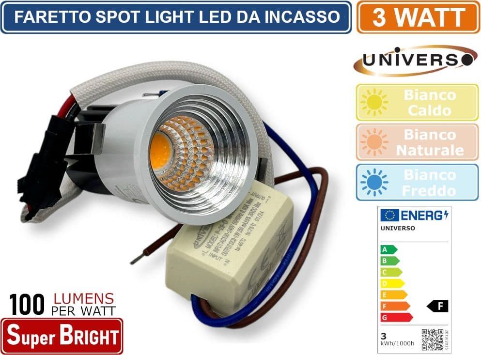 FARO FARETTO LED PUNTO LUCE SPOT LIGHT ROTONDO COLORE BIANCO ARGENTO DA INCASSO 3W 3000K 4000K 6500K IP20 - 2
