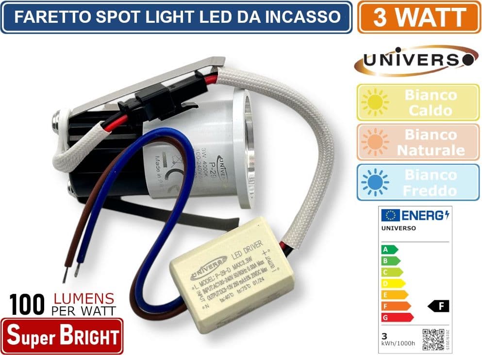 FARO FARETTO LED PUNTO LUCE SPOT LIGHT ROTONDO COLORE BIANCO ARGENTO DA INCASSO 3W 3000K 4000K 6500K IP20 - 3