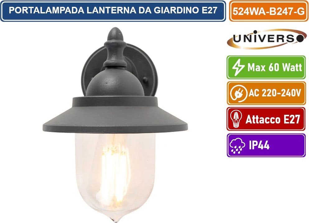 UNIVERSO 524WA-B247-G PORTALAMPADA LANTERNA DA GIARDINO WALL LAMP GRIGIO ANTRACITE DA MURO IP44 PER LAMPADINE E27 - 2