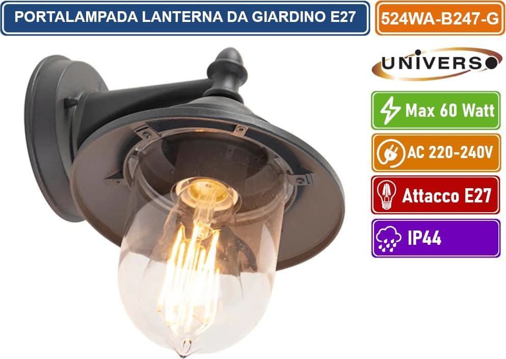 UNIVERSO 524WA-B247-G PORTALAMPADA LANTERNA DA GIARDINO WALL LAMP GRIGIO ANTRACITE DA MURO IP44 PER LAMPADINE E27 - 4
