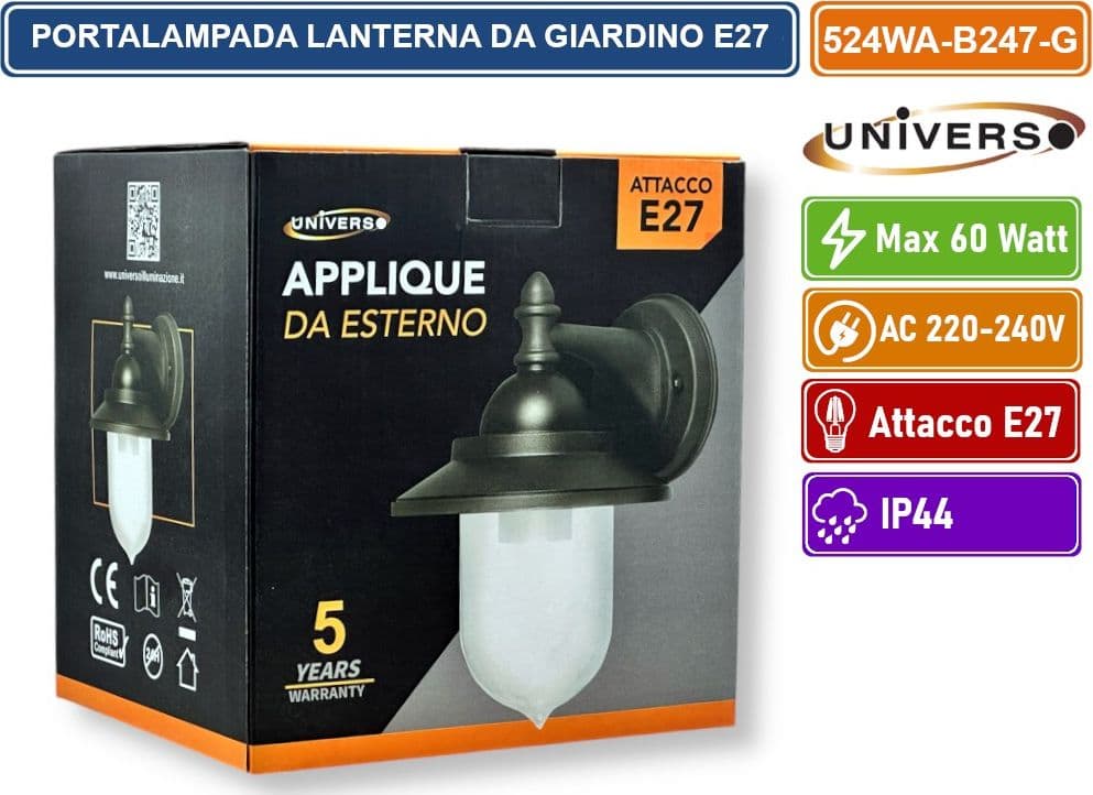 UNIVERSO 524WA-B247-G PORTALAMPADA LANTERNA DA GIARDINO WALL LAMP GRIGIO ANTRACITE DA MURO IP44 PER LAMPADINE E27 - 5
