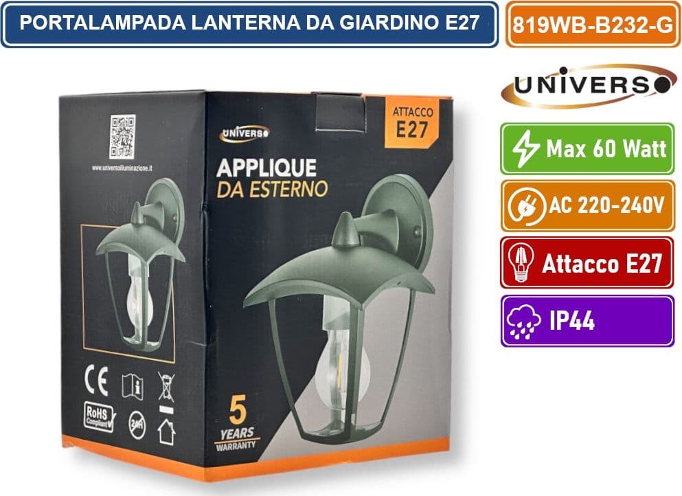 UNIVERSO 819WB-B232-G PORTALAMPADA LANTERNA DA GIARDINO WALL LAMP GRIGIO ANTRACITE DA MURO IP44 PER LAMPADINE E27 - 3