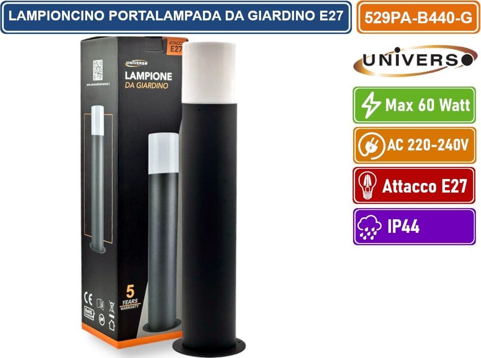 UNIVERSO LAMPIONCINO PORTALAMPADA DA GIARDINO PER LAMPADINE E27 CON FISSAGGIO A TERRA IP44 44CM