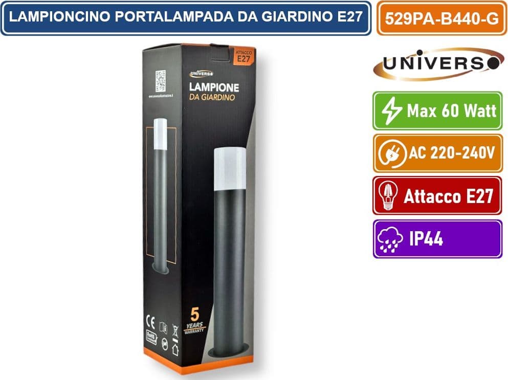 UNIVERSO LAMPIONCINO PORTALAMPADA DA GIARDINO PER LAMPADINE E27 CON FISSAGGIO A TERRA IP44 44CM - 5