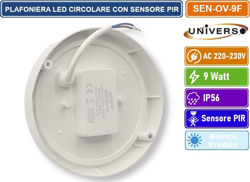 UNIVERSO SEN-OV-9F PLAFONIERA LED 9 WATT DOME LIGHT CIRCOLARE CON SENSORE DI MOVIMENTO DA ESTERNO IP56 - 3