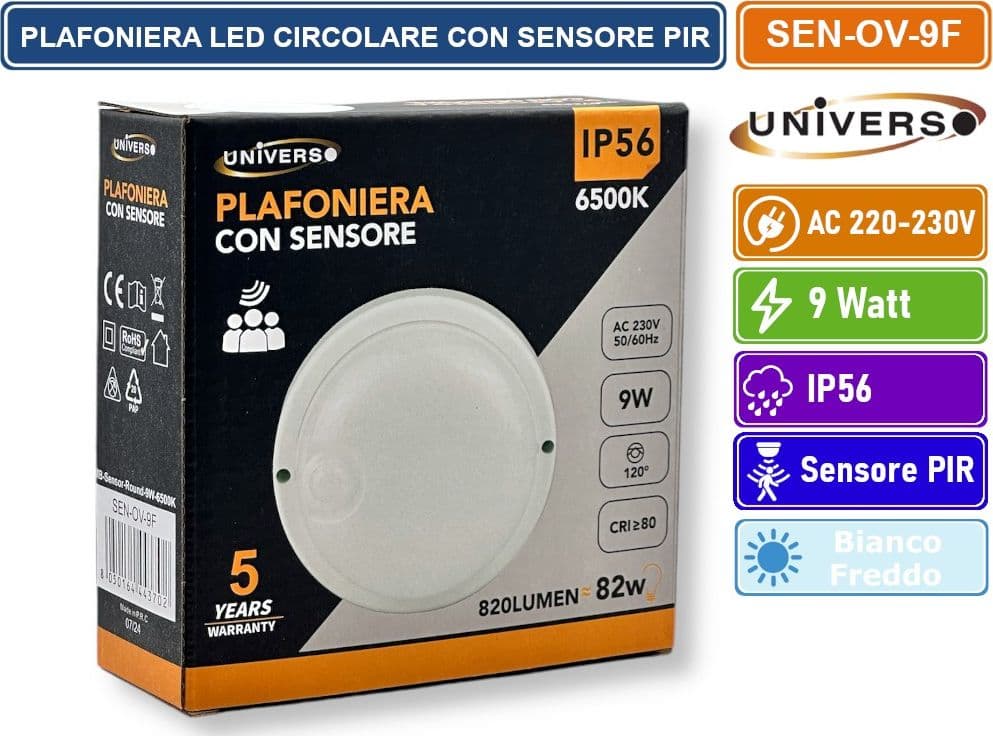 UNIVERSO SEN-OV-9F PLAFONIERA LED 9 WATT DOME LIGHT CIRCOLARE CON SENSORE DI MOVIMENTO DA ESTERNO IP56 - 4