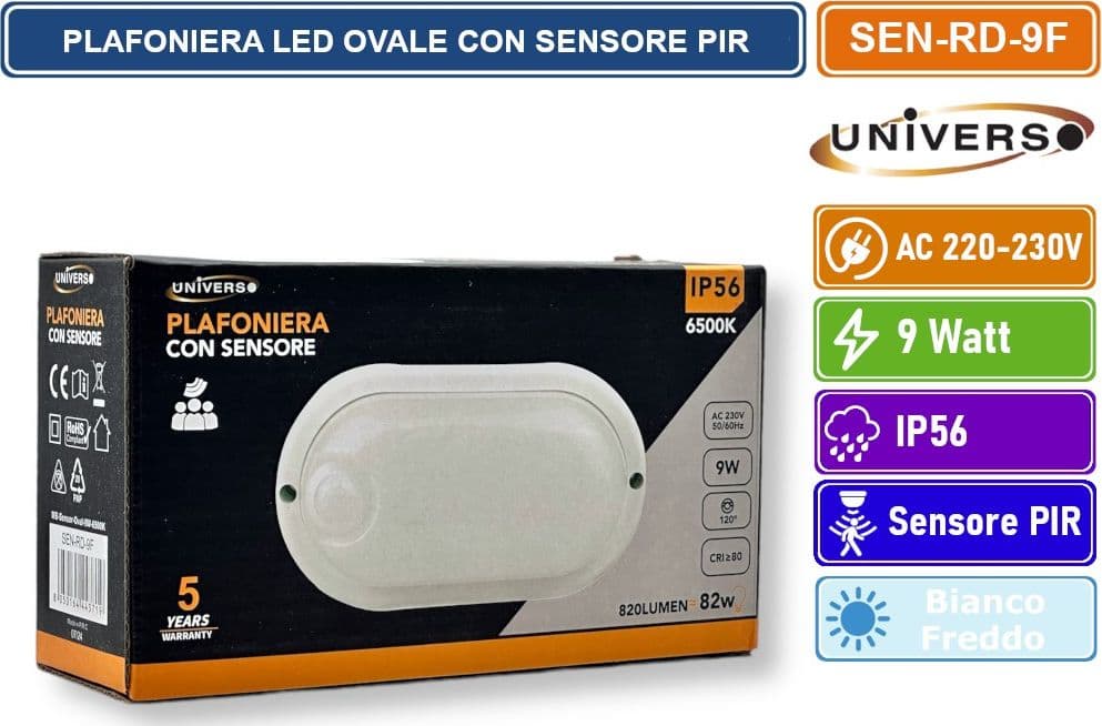 UNIVERSO SEN-RD-9F PLAFONIERA LED 9 WATT DOME LIGHT OVALE CON SENSORE DI MOVIMENTO DA ESTERNO IP56 - 4