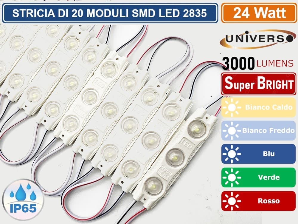UNIVERSO STRISCIA LED 20 MODULI INDIPENDENTI 24W SMD 2835 DC 12V IMPERMEABILE IP65 - 2