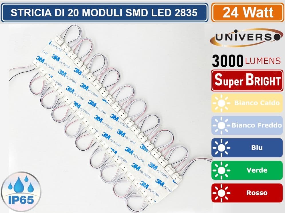 UNIVERSO STRISCIA LED 20 MODULI INDIPENDENTI 24W SMD 2835 DC 12V IMPERMEABILE IP65 - 4