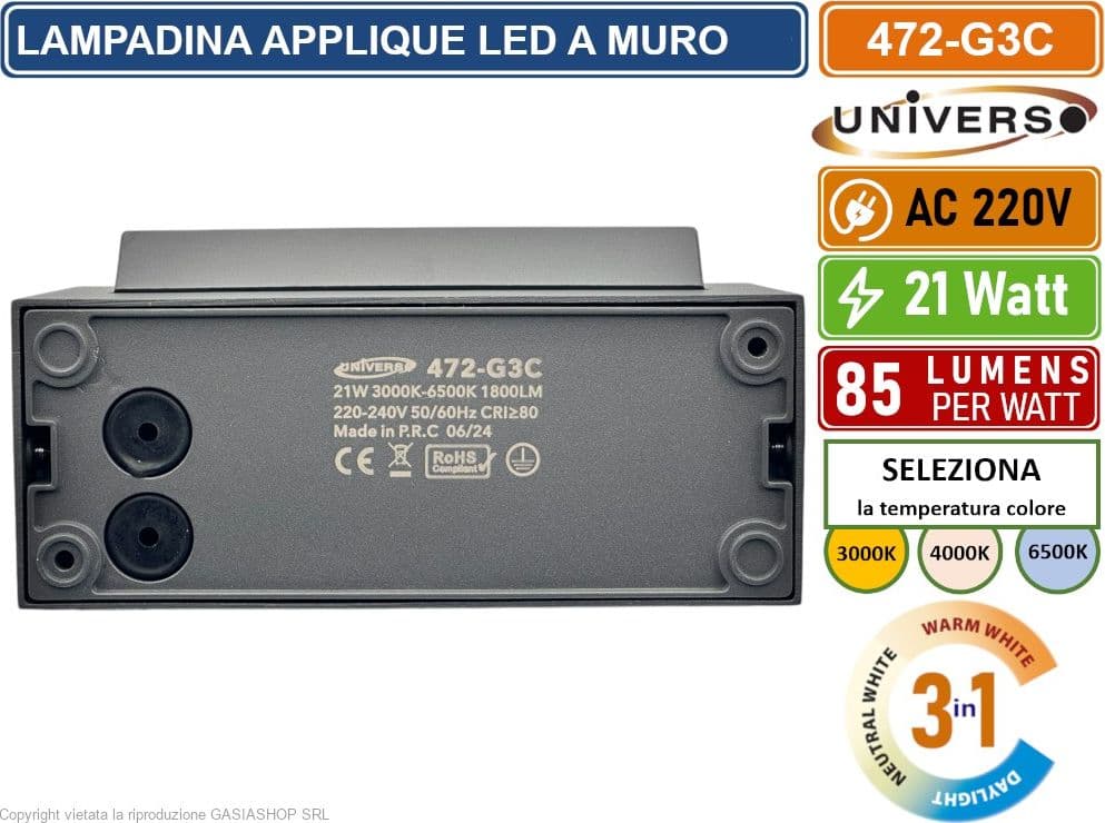 UNIVERSO 472-G3C LAMPADA APPLIQUE LED DA MURO RUOTABILE 21W SMD  CCT 3IN1 CAMBIA COLORE IP65 DA ESTERNO - 4