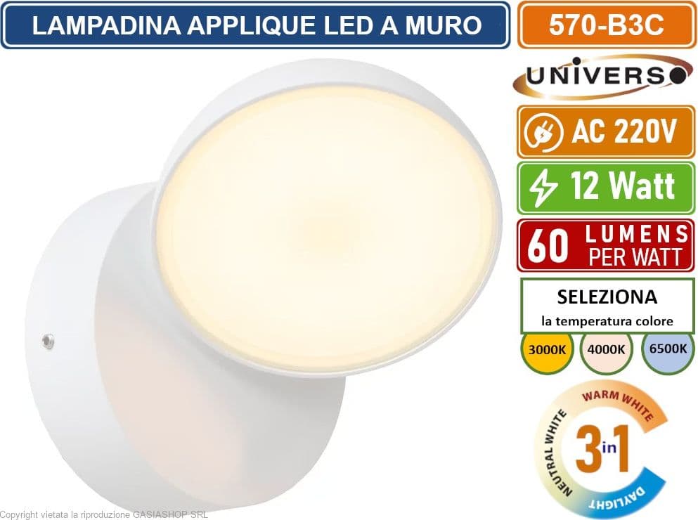 UNIVERSO 570-B3C LAMPADA APPLIQUE LED DA MURO TESTA RUOTABILE 12W SMD  CCT 3IN1 CAMBIA COLORE IP54 DA ESTERNO - 2