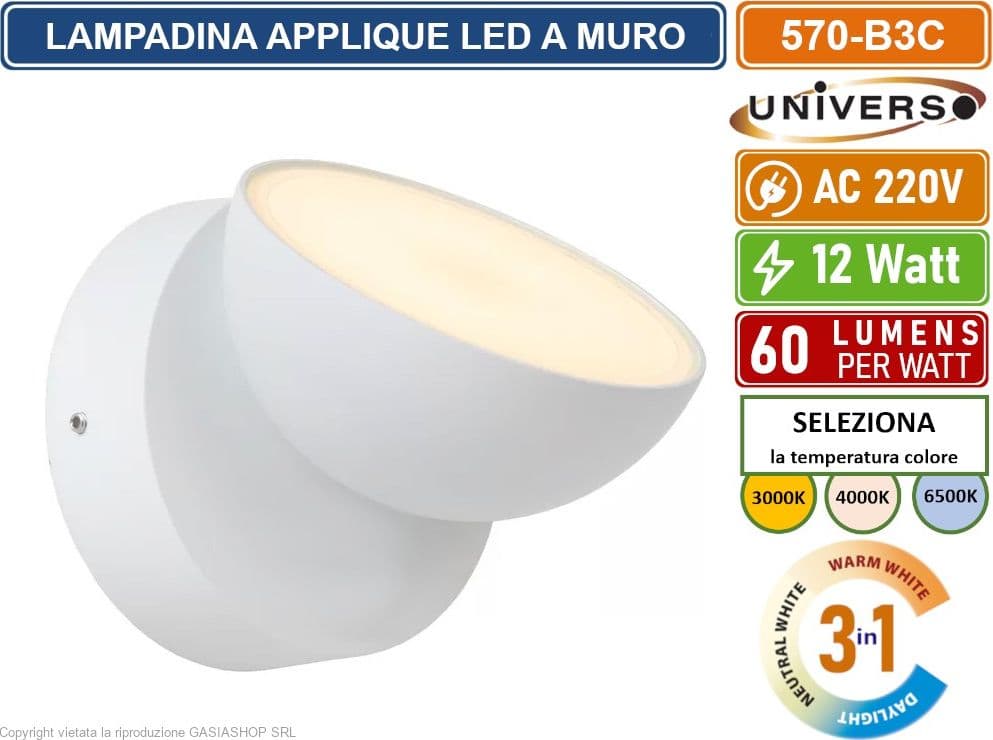 UNIVERSO 570-B3C LAMPADA APPLIQUE LED DA MURO TESTA RUOTABILE 12W SMD  CCT 3IN1 CAMBIA COLORE IP54 DA ESTERNO - 3