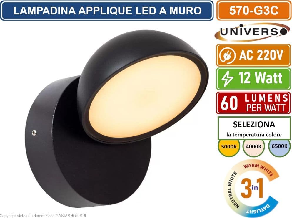 UNIVERSO 570-G3C LAMPADA APPLIQUE LED DA MURO TESTA RUOTABILE 12W SMD  CCT 3IN1 CAMBIA COLORE IP54 DA ESTERNO - 2