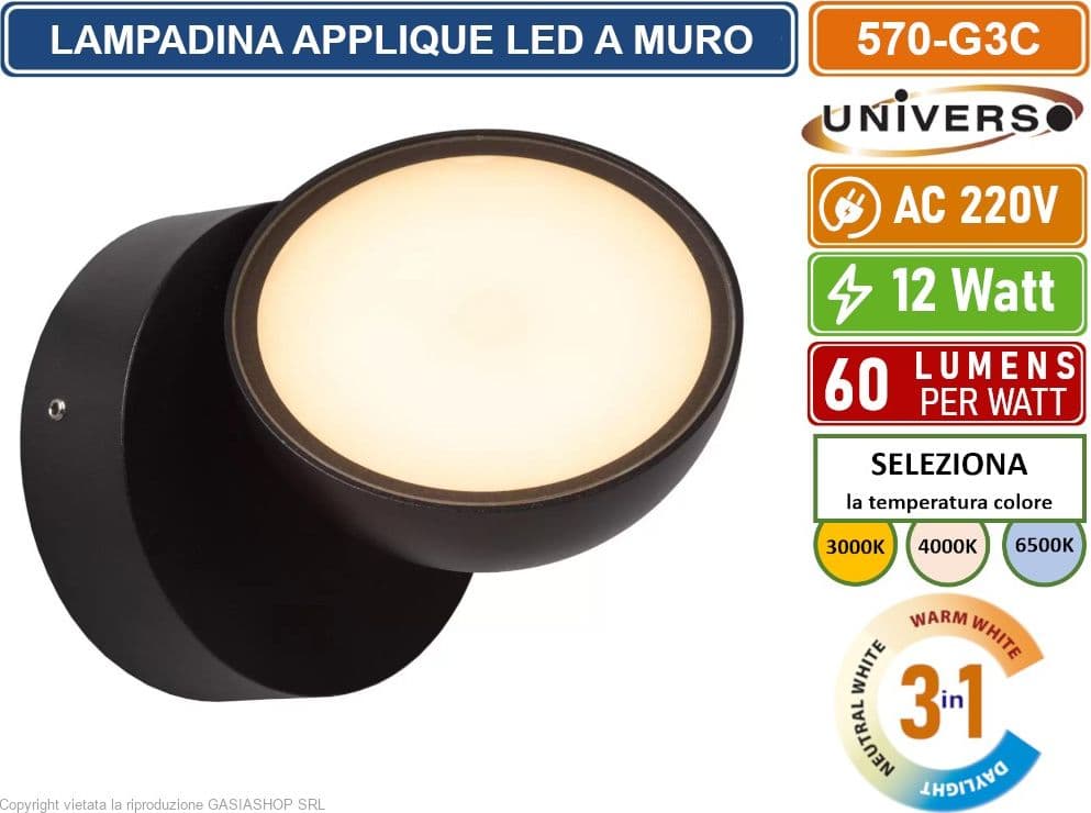 UNIVERSO 570-G3C LAMPADA APPLIQUE LED DA MURO TESTA RUOTABILE 12W SMD  CCT 3IN1 CAMBIA COLORE IP54 DA ESTERNO - 3