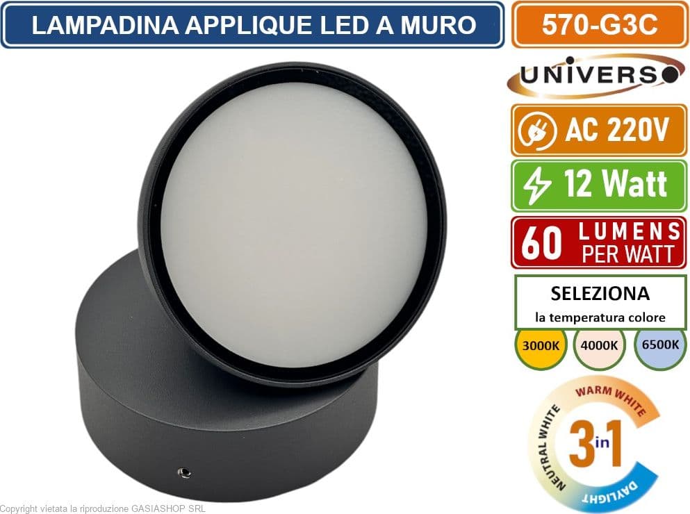 UNIVERSO 570-G3C LAMPADA APPLIQUE LED DA MURO TESTA RUOTABILE 12W SMD  CCT 3IN1 CAMBIA COLORE IP54 DA ESTERNO - 4