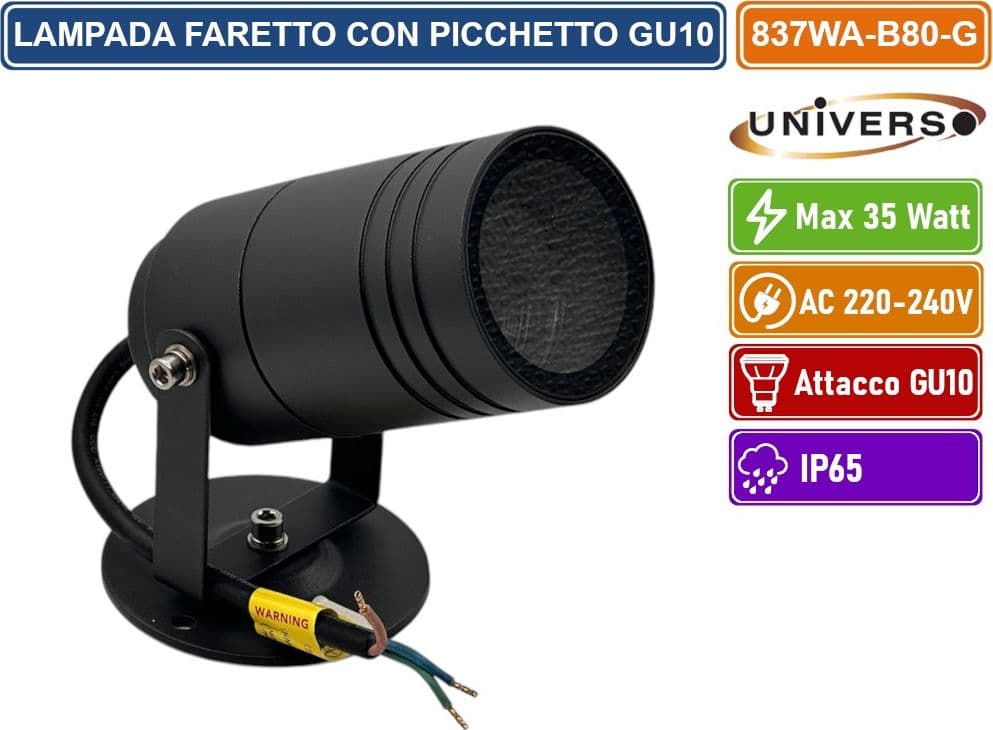 UNIVERSO 837WA-B80-G PORTAFARETTO DA GIARDINO CON PORTALAMPADA PER LAMPADINE GU10 PICCHETTO DA INTERRAMENTO ALLUMINIO NERO IP65 - 2
