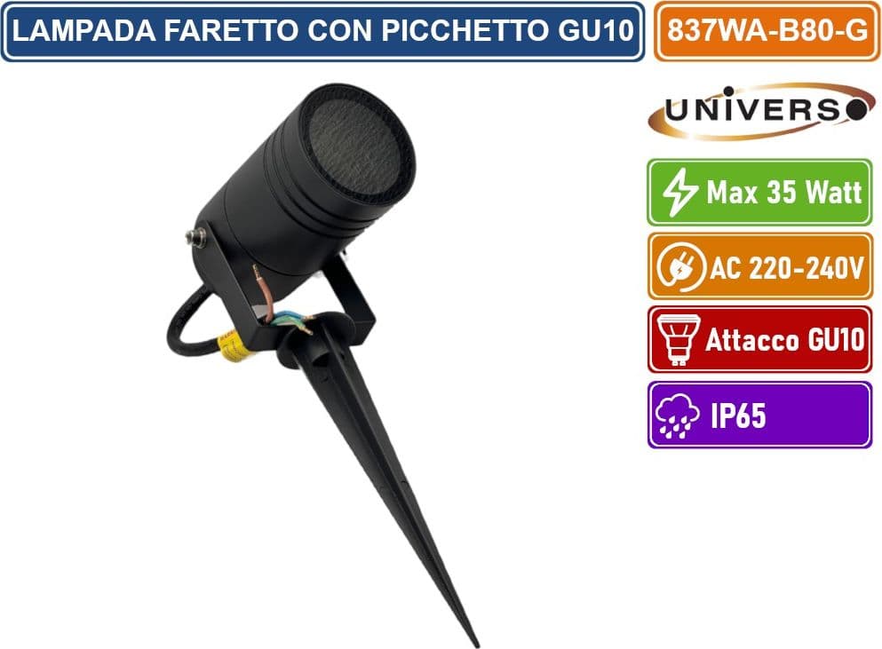 UNIVERSO 837WA-B80-G PORTAFARETTO DA GIARDINO CON PORTALAMPADA PER LAMPADINE GU10 PICCHETTO DA INTERRAMENTO ALLUMINIO NERO IP65 - 3