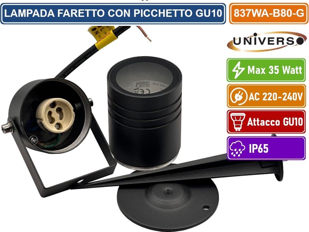 UNIVERSO 837WA-B80-G PORTAFARETTO DA GIARDINO CON PORTALAMPADA PER LAMPADINE GU10 PICCHETTO DA INTERRAMENTO ALLUMINIO NERO IP65 - 4