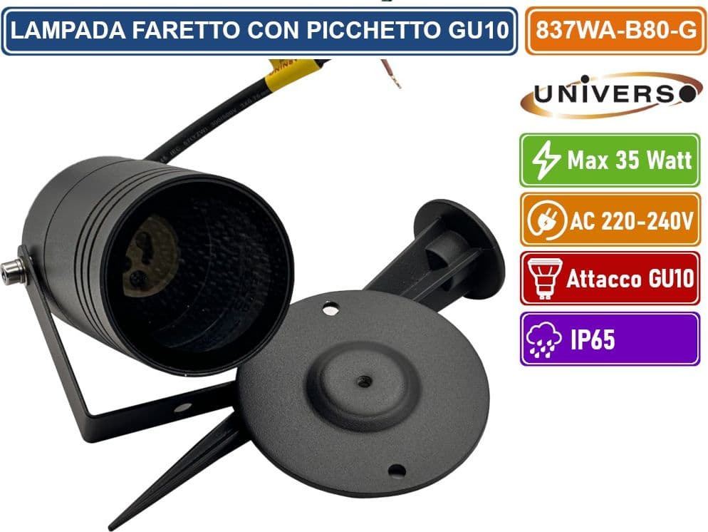 UNIVERSO 837WA-B80-G PORTAFARETTO DA GIARDINO CON PORTALAMPADA PER LAMPADINE GU10 PICCHETTO DA INTERRAMENTO ALLUMINIO NERO IP65 - 5