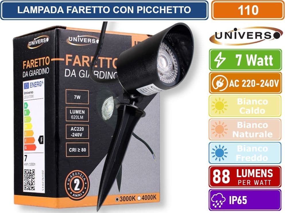 UNIVERSO 110 LAMPADA FARETTO LED DA GIARDINO CON BASE E PICCHETTO 7W COB IP65 3000K - 4000K