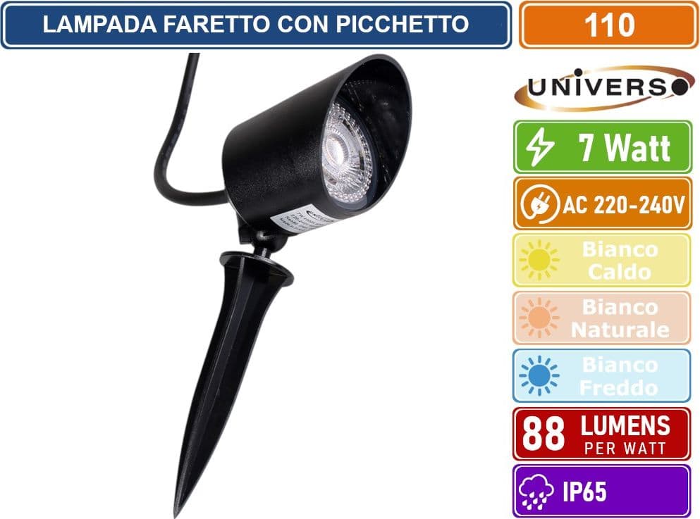 UNIVERSO 110 LAMPADA FARETTO LED DA GIARDINO CON BASE E PICCHETTO 7W COB IP65 3000K - 4000K - 2