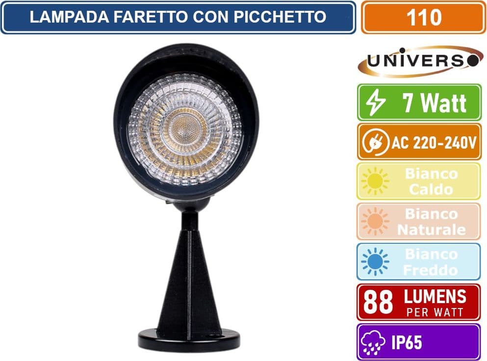 UNIVERSO 110 LAMPADA FARETTO LED DA GIARDINO CON BASE E PICCHETTO 7W COB IP65 3000K - 4000K - 3