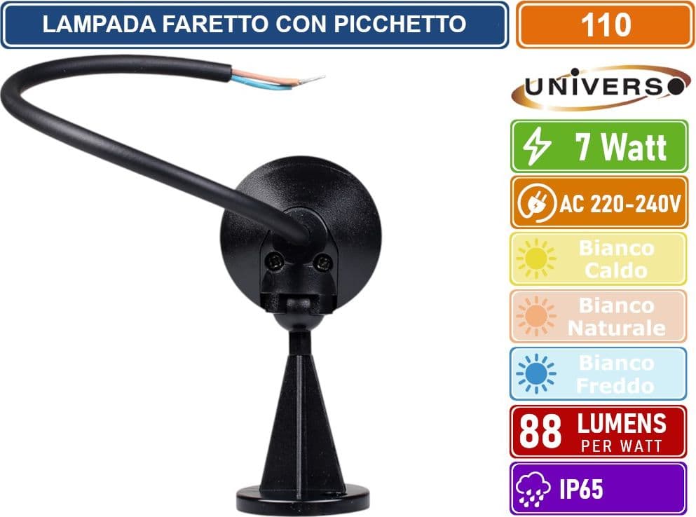 UNIVERSO 110 LAMPADA FARETTO LED DA GIARDINO CON BASE E PICCHETTO 7W COB IP65 3000K - 4000K - 4
