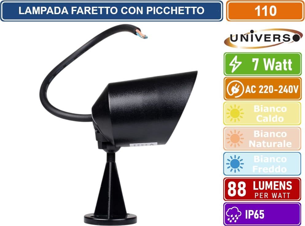 UNIVERSO 110 LAMPADA FARETTO LED DA GIARDINO CON BASE E PICCHETTO 7W COB IP65 3000K - 4000K - 5