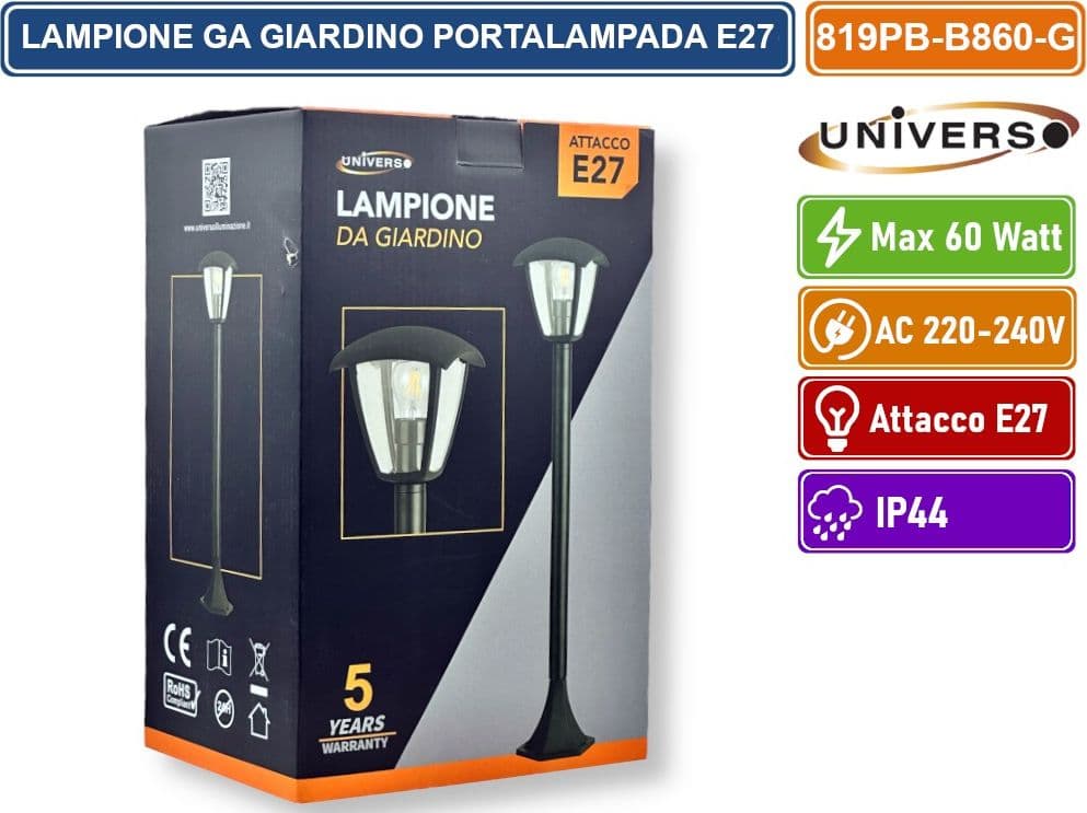 UNIVERSO 819PB-B860-G LAMPIONE PORTALAMPADA NERO PER LAMPADINE E27 MAX 60 WATT DA GIARDINO 860MM CON FISSAGGIO A TERRA - 2
