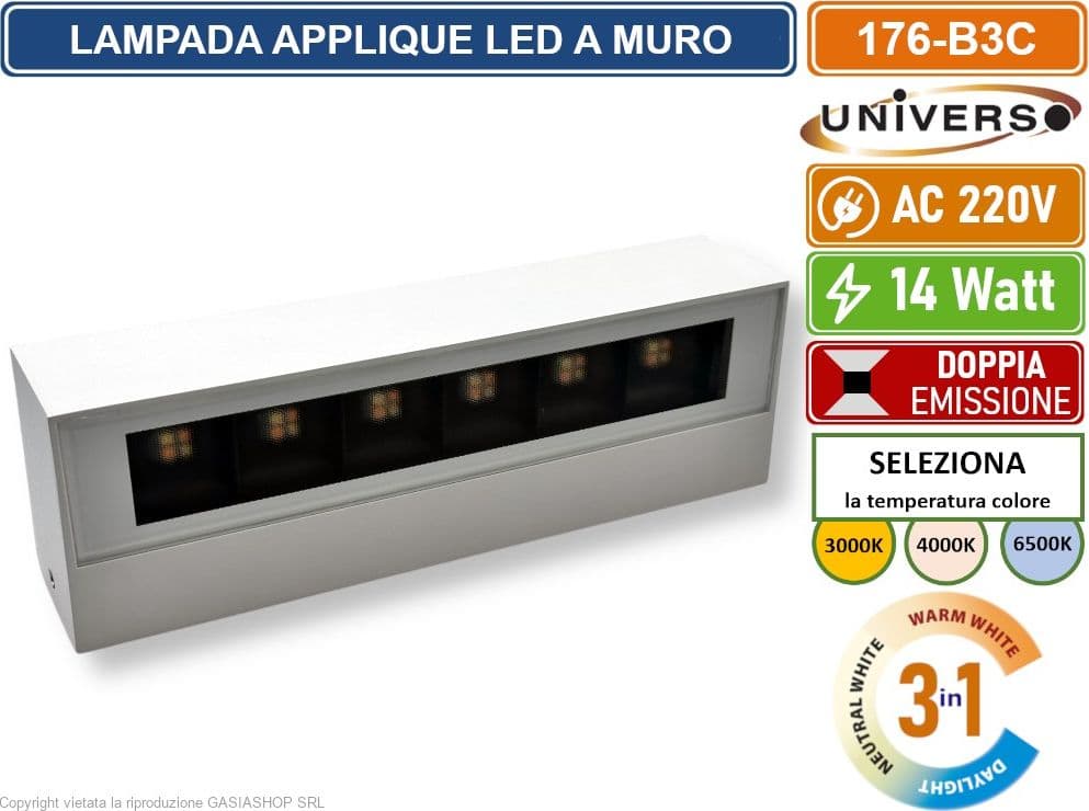 UNIVERSO 176-B3C LAMPADA APPLIQUE LED DA MURO 14W WALL LIGHT IP65 COLORE LUCE SELEZIONABILE CCT 3IN1 - 2
