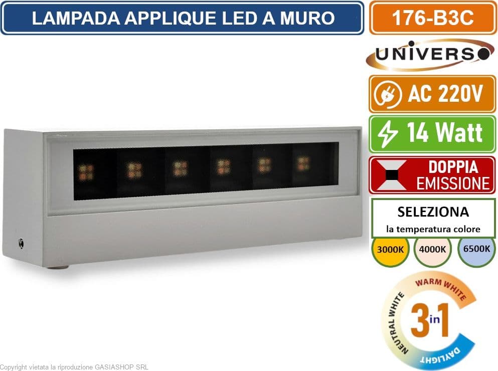 UNIVERSO 176-B3C LAMPADA APPLIQUE LED DA MURO 14W WALL LIGHT IP65 COLORE LUCE SELEZIONABILE CCT 3IN1 - 3
