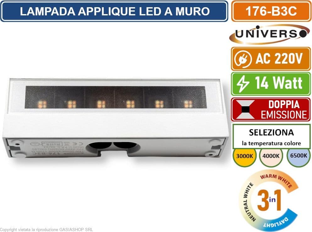 UNIVERSO 176-B3C LAMPADA APPLIQUE LED DA MURO 14W WALL LIGHT IP65 COLORE LUCE SELEZIONABILE CCT 3IN1 - 4