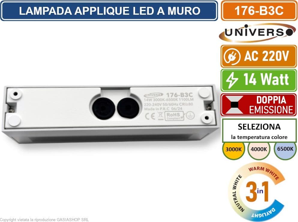 UNIVERSO 176-B3C LAMPADA APPLIQUE LED DA MURO 14W WALL LIGHT IP65 COLORE LUCE SELEZIONABILE CCT 3IN1 - 5