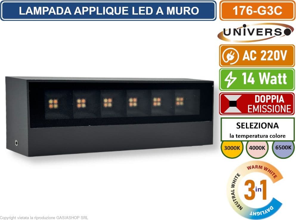 UNIVERSO 176-G3C LAMPADA APPLIQUE LED DA MURO 14W WALL LIGHT IP65 COLORE LUCE SELEZIONABILE CCT 3IN1 - 2