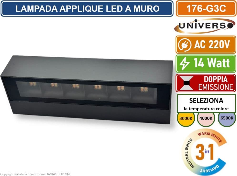 UNIVERSO 176-G3C LAMPADA APPLIQUE LED DA MURO 14W WALL LIGHT IP65 COLORE LUCE SELEZIONABILE CCT 3IN1 - 3