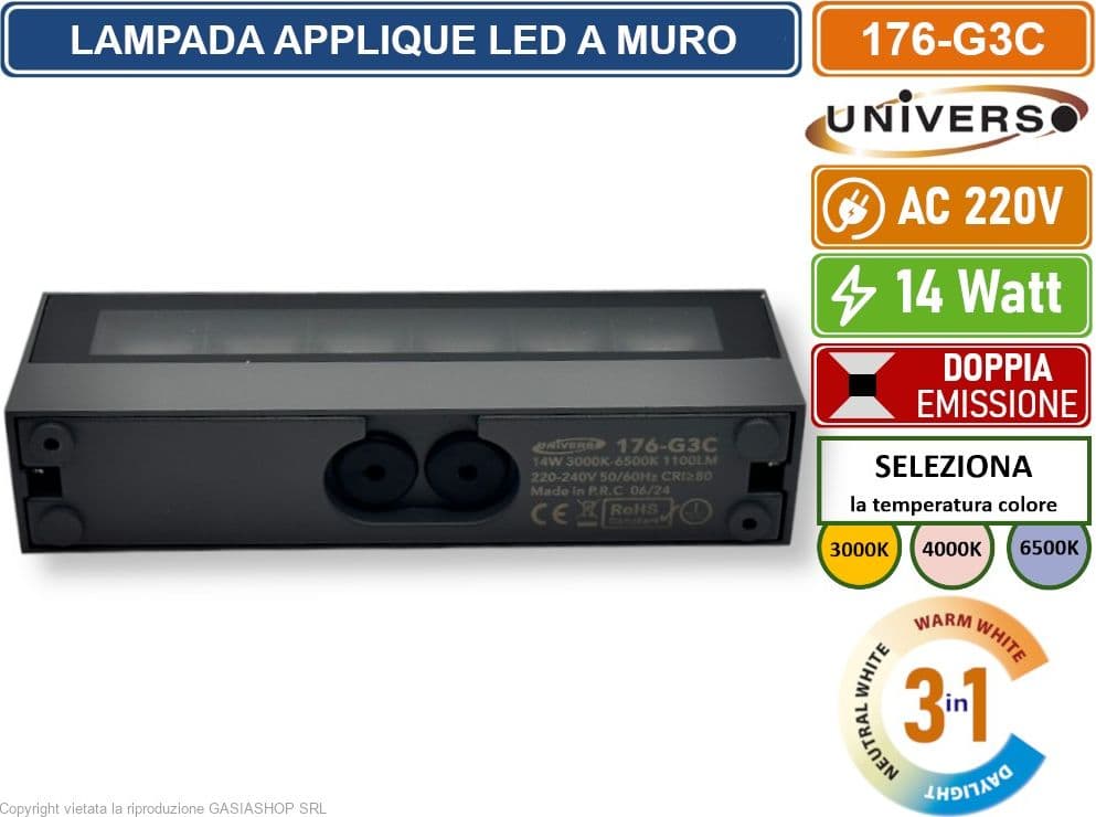 UNIVERSO 176-G3C LAMPADA APPLIQUE LED DA MURO 14W WALL LIGHT IP65 COLORE LUCE SELEZIONABILE CCT 3IN1 - 4