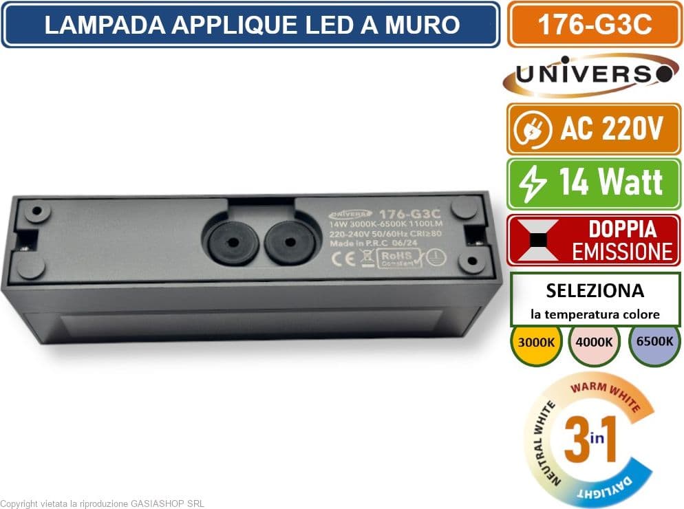 UNIVERSO 176-G3C LAMPADA APPLIQUE LED DA MURO 14W WALL LIGHT IP65 COLORE LUCE SELEZIONABILE CCT 3IN1 - 5