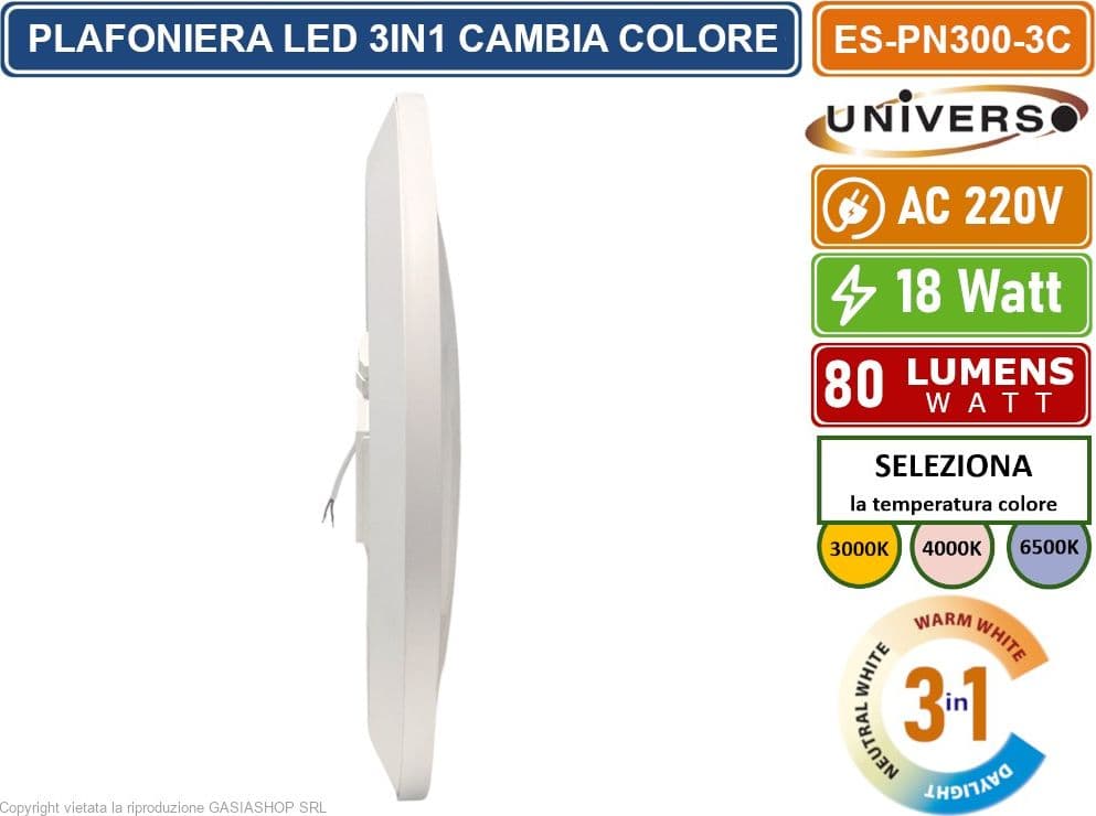 UNIVERSO ES-PN300-3C PLAFONIERA LED CIRCOLARE 18W SMD COLORE LUCE SELEZIONABILE 3IN1 DA ESTERNO IP44 - 3