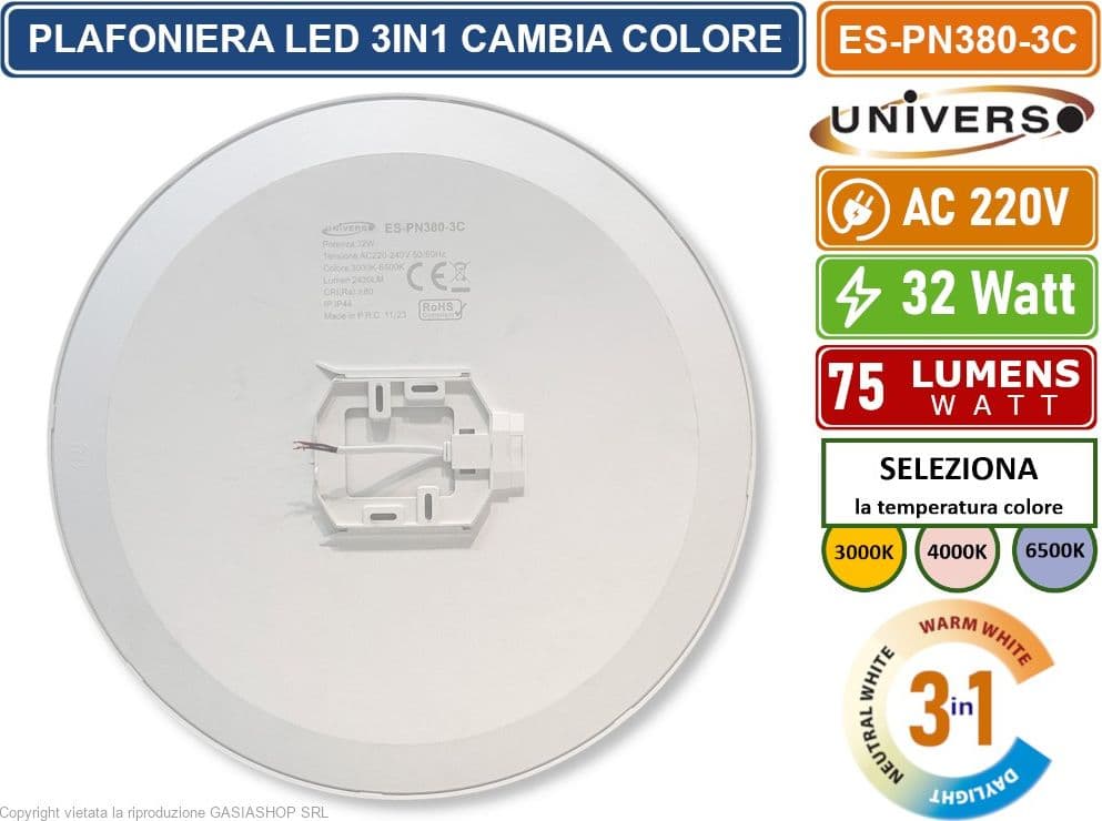 UNIVERSO ES-PN380-3C PLAFONIERA LED CIRCOLARE 32W SMD COLORE LUCE SELEZIONABILE 3IN1 DA ESTERNO IP44 - 3